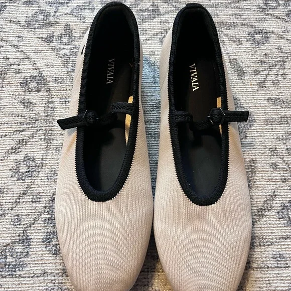 Women's Beige Almond Toe Vivaia Mary Jane Flats with Black Trim - Picture 2 of 4